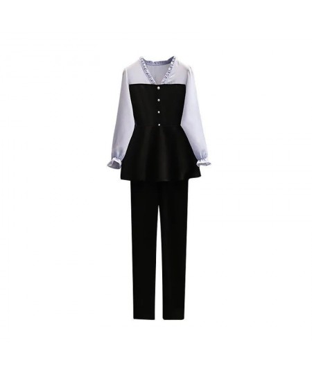 Spring New Elegant Women's Pants Suit Temperament Chiffon Coat Black Trousers Two-piece Set Female Tracksuit Casual Clothes $...