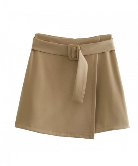 2023 spring Short Skirt Bottom High Waist Belt Side Zipper Elegant Office Khaki Skirt Female $36.10 - Skirts