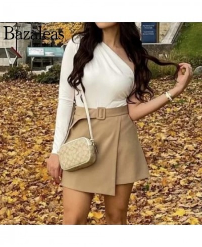 2023 spring Short Skirt Bottom High Waist Belt Side Zipper Elegant Office Khaki Skirt Female $36.10 - Skirts