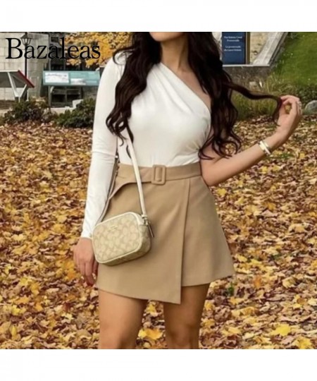 2023 spring Short Skirt Bottom High Waist Belt Side Zipper Elegant Office Khaki Skirt Female $36.10 - Skirts