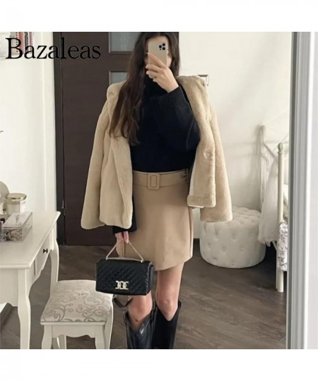 2023 spring Short Skirt Bottom High Waist Belt Side Zipper Elegant Office Khaki Skirt Female $36.10 - Skirts