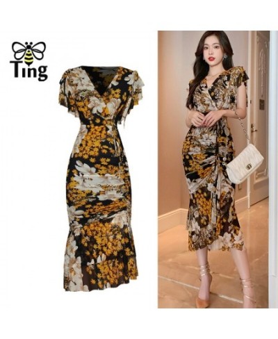 Vintage Sexy Bodycon Floral Ruffles Midi Party Night Dresses V Neck Sheath Summer Slim Dress Elbise Boutique Robes Traf $63.2...