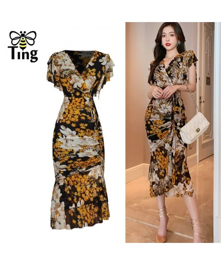 Vintage Sexy Bodycon Floral Ruffles Midi Party Night Dresses V Neck Sheath Summer Slim Dress Elbise Boutique Robes Traf $63.2...