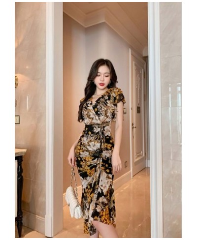 Vintage Sexy Bodycon Floral Ruffles Midi Party Night Dresses V Neck Sheath Summer Slim Dress Elbise Boutique Robes Traf $63.2...