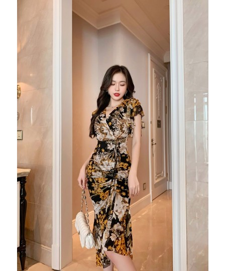 Vintage Sexy Bodycon Floral Ruffles Midi Party Night Dresses V Neck Sheath Summer Slim Dress Elbise Boutique Robes Traf $63.2...