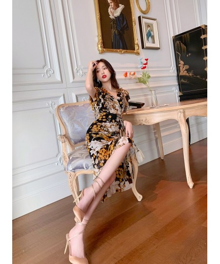 Vintage Sexy Bodycon Floral Ruffles Midi Party Night Dresses V Neck Sheath Summer Slim Dress Elbise Boutique Robes Traf $63.2...