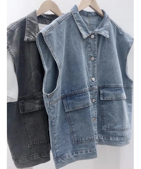 Simple Basic Sleeveless Single-breasted Jean Jackets Fashion Loose Big Pocket Women Jacket Vest Vintage Washed Jackets For $3...