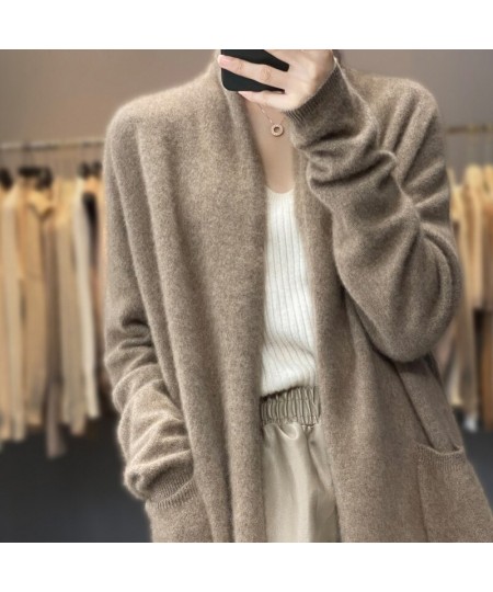 Long cashmere cardigan Autumn/winter new casual knitted garment Thickened V-collar lady's jacket loose 100% pure wool sweater...