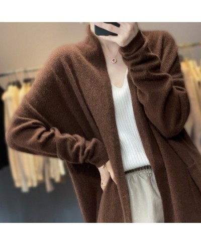 Long cashmere cardigan Autumn/winter new casual knitted garment Thickened V-collar lady's jacket loose 100% pure wool sweater...