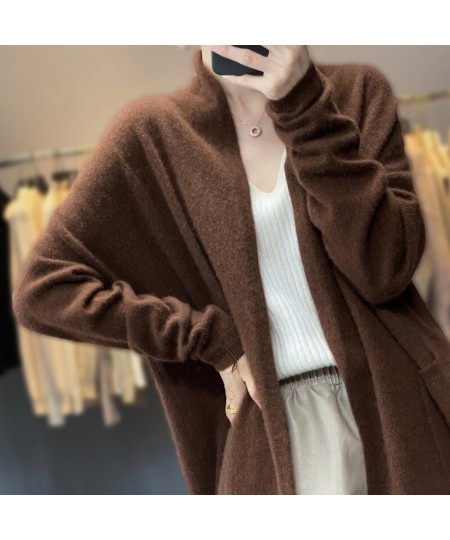 Long cashmere cardigan Autumn/winter new casual knitted garment Thickened V-collar lady's jacket loose 100% pure wool sweater...