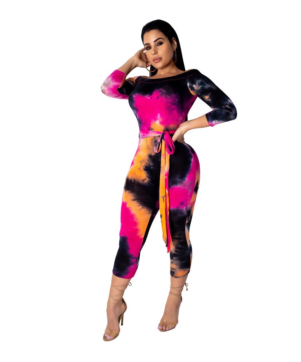 Women Tie Dye Print Jumpsuit Off The Shoulder Skinny Calf-length Pants Bodycon Rompers Casual Fitness One Piece Outfits Sashe...