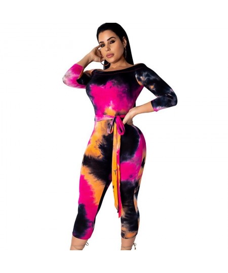 Women Tie Dye Print Jumpsuit Off The Shoulder Skinny Calf-length Pants Bodycon Rompers Casual Fitness One Piece Outfits Sashe...