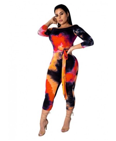 Women Tie Dye Print Jumpsuit Off The Shoulder Skinny Calf-length Pants Bodycon Rompers Casual Fitness One Piece Outfits Sashe...