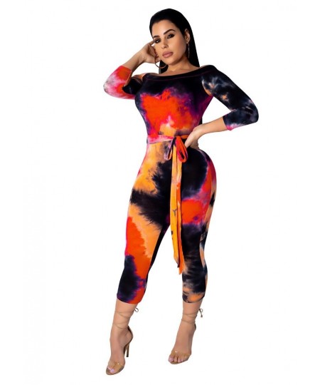 Women Tie Dye Print Jumpsuit Off The Shoulder Skinny Calf-length Pants Bodycon Rompers Casual Fitness One Piece Outfits Sashe...