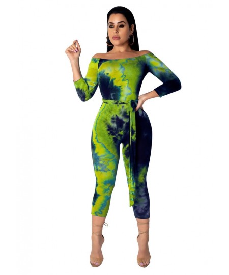 Women Tie Dye Print Jumpsuit Off The Shoulder Skinny Calf-length Pants Bodycon Rompers Casual Fitness One Piece Outfits Sashe...