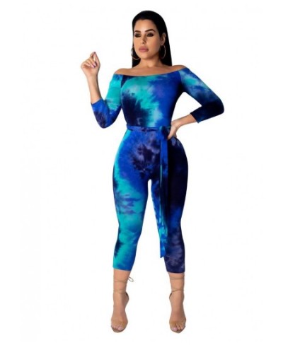 Women Tie Dye Print Jumpsuit Off The Shoulder Skinny Calf-length Pants Bodycon Rompers Casual Fitness One Piece Outfits Sashe...