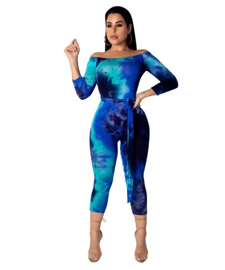 Women Tie Dye Print Jumpsuit Off The Shoulder Skinny Calf-length Pants Bodycon Rompers Casual Fitness One Piece Outfits Sashe...