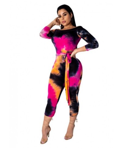 Women Tie Dye Print Jumpsuit Off The Shoulder Skinny Calf-length Pants Bodycon Rompers Casual Fitness One Piece Outfits Sashe...