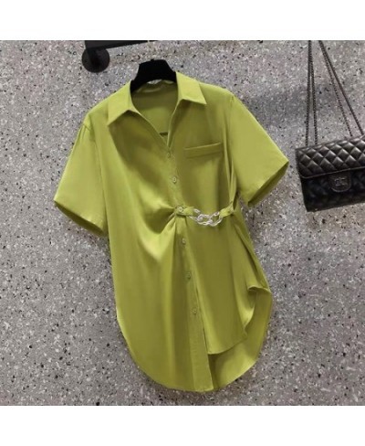 Women's Asymmetric Chain Chic Street Button Up Shirt Summer Fashion Green Commute Short Sleeve Loose Tunic Top Blouse Blusas ...