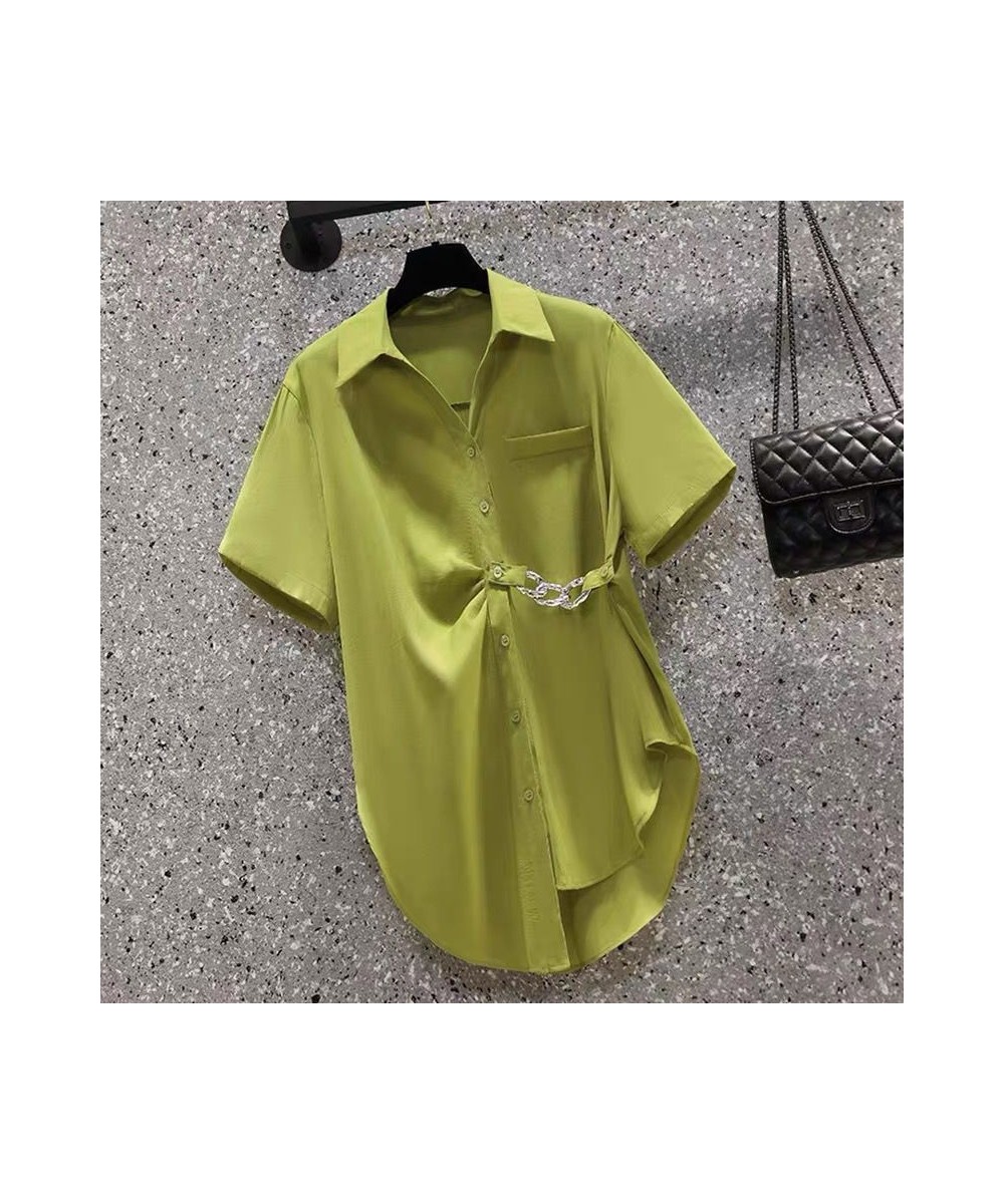 Women's Asymmetric Chain Chic Street Button Up Shirt Summer Fashion Green Commute Short Sleeve Loose Tunic Top Blouse Blusas ...