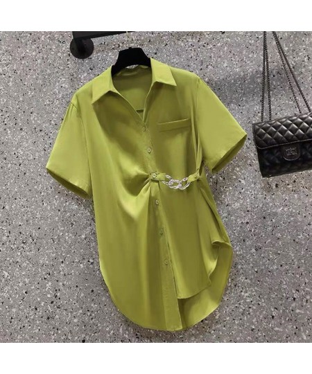 Women's Asymmetric Chain Chic Street Button Up Shirt Summer Fashion Green Commute Short Sleeve Loose Tunic Top Blouse Blusas ...