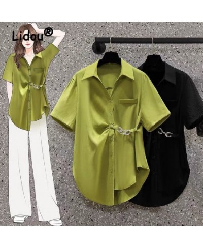 Women's Asymmetric Chain Chic Street Button Up Shirt Summer Fashion Green Commute Short Sleeve Loose Tunic Top Blouse Blusas ...