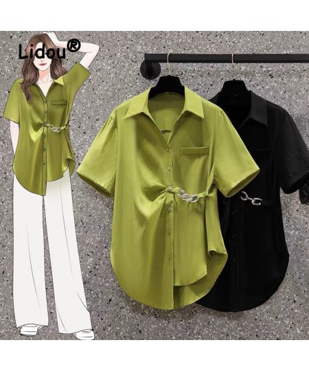 Women's Asymmetric Chain Chic Street Button Up Shirt Summer Fashion Green Commute Short Sleeve Loose Tunic Top Blouse Blusas ...