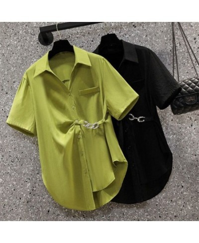 Women's Asymmetric Chain Chic Street Button Up Shirt Summer Fashion Green Commute Short Sleeve Loose Tunic Top Blouse Blusas ...