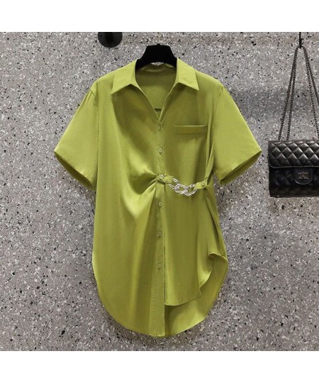 Women's Asymmetric Chain Chic Street Button Up Shirt Summer Fashion Green Commute Short Sleeve Loose Tunic Top Blouse Blusas ...