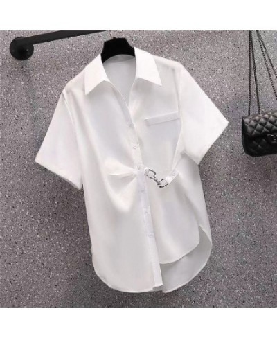 Women's Asymmetric Chain Chic Street Button Up Shirt Summer Fashion Green Commute Short Sleeve Loose Tunic Top Blouse Blusas ...