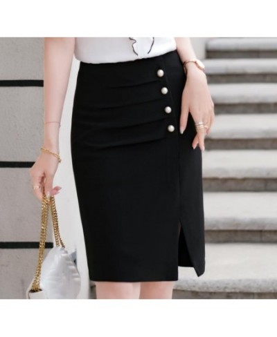 Women Black Bottoms Summer New Fashion Office Ladies Temperament Formal Slim Button Split Straight Skirt White $41.40 - Skirts