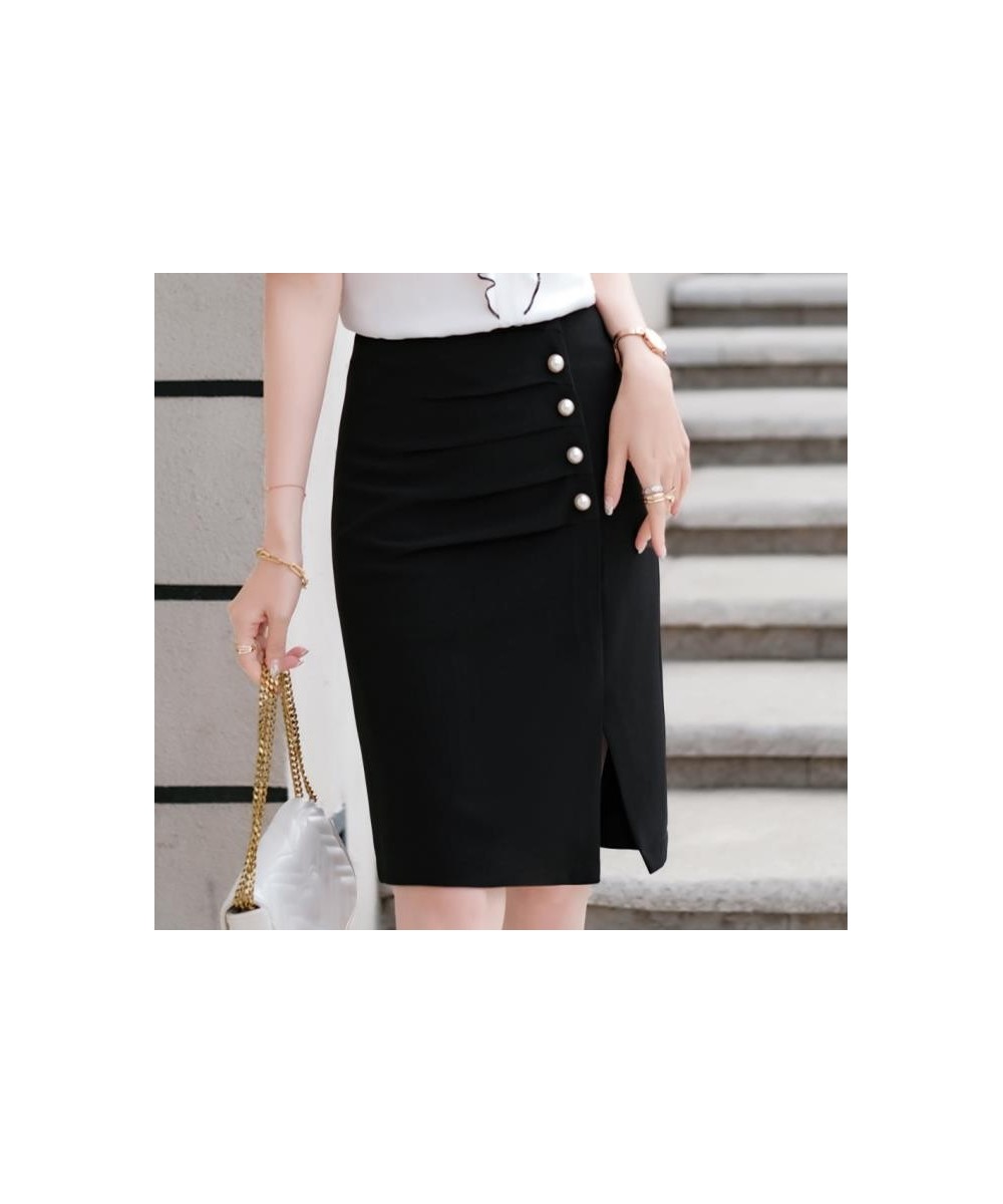 Women Black Bottoms Summer New Fashion Office Ladies Temperament Formal Slim Button Split Straight Skirt White $41.40 - Skirts