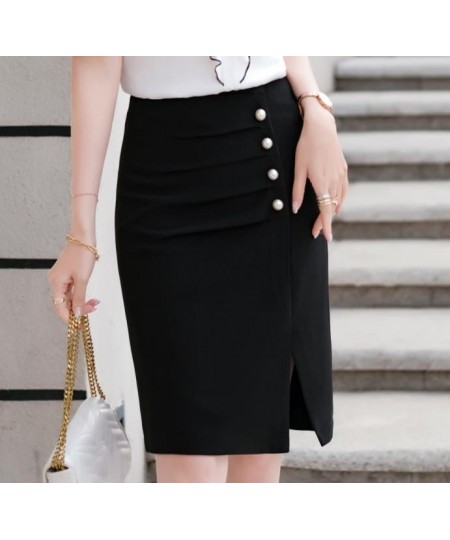 Women Black Bottoms Summer New Fashion Office Ladies Temperament Formal Slim Button Split Straight Skirt White $41.40 - Skirts