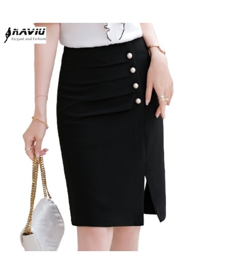 Women Black Bottoms Summer New Fashion Office Ladies Temperament Formal Slim Button Split Straight Skirt White $41.40 - Skirts