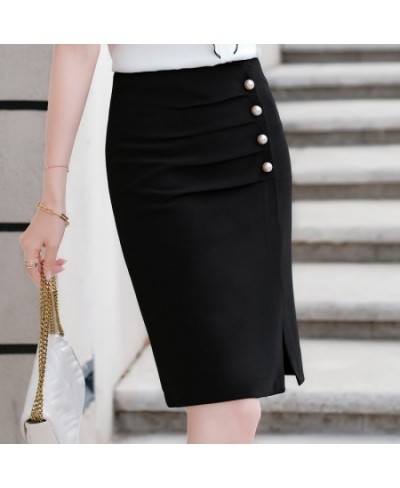 Women Black Bottoms Summer New Fashion Office Ladies Temperament Formal Slim Button Split Straight Skirt White $41.40 - Skirts