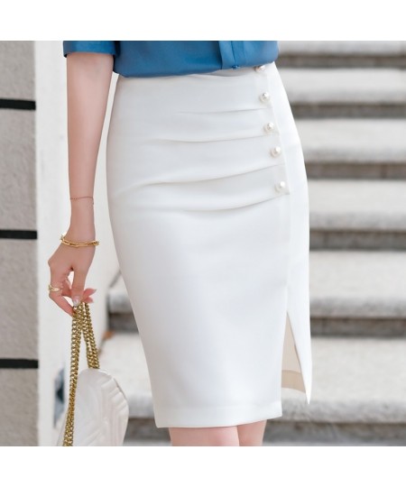 Women Black Bottoms Summer New Fashion Office Ladies Temperament Formal Slim Button Split Straight Skirt White $41.40 - Skirts