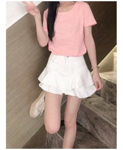 Teen Girl Mini Short Ruffled Denim Skirt Pleated Plain White Jean Skirt Skort 2023 Summer New Korean Women Clothes $47.31 - S...