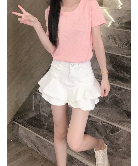 Teen Girl Mini Short Ruffled Denim Skirt Pleated Plain White Jean Skirt Skort 2023 Summer New Korean Women Clothes $47.31 - S...