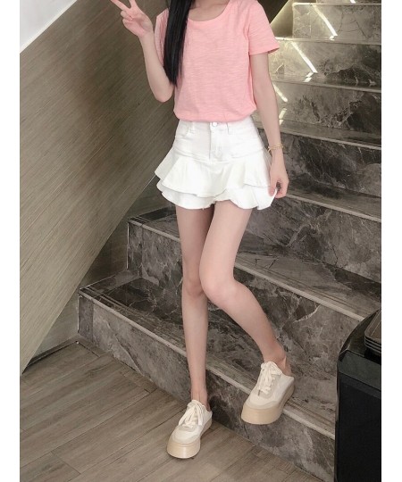 Teen Girl Mini Short Ruffled Denim Skirt Pleated Plain White Jean Skirt Skort 2023 Summer New Korean Women Clothes $47.31 - S...