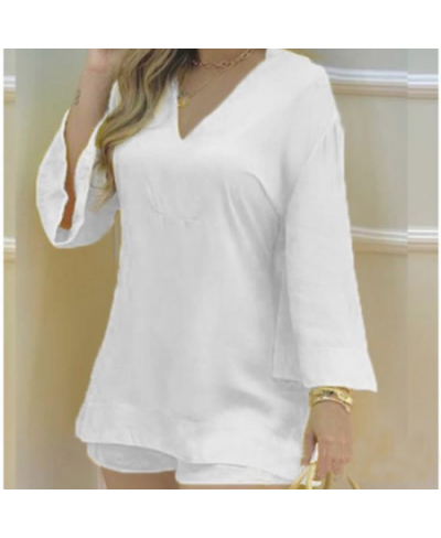 Solid Color Flare Long Sleeve V Neck Blouses Shorts 2 Piece Set Fashion Women Spring Summer Yellow White Short Sets $39.62 - ...