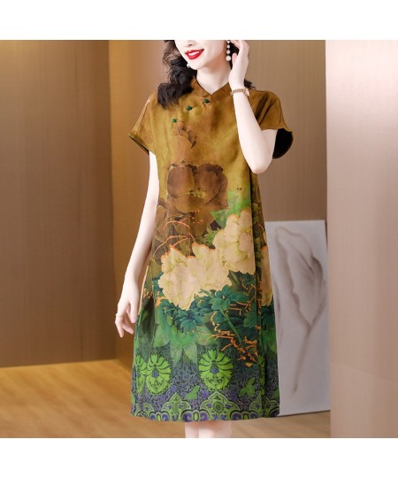 2023 Fashion Floral Silk Short Sleeve Midi Dress Summer Elegant Casual Loose Waist Dress Women Korean Vintage Luxury Party $5...