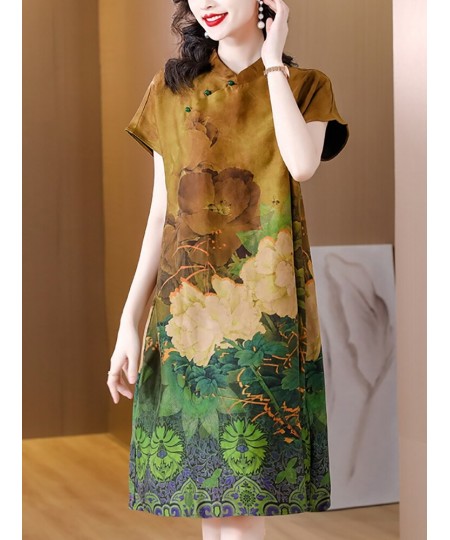 2023 Fashion Floral Silk Short Sleeve Midi Dress Summer Elegant Casual Loose Waist Dress Women Korean Vintage Luxury Party $5...