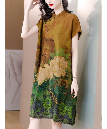 2023 Fashion Floral Silk Short Sleeve Midi Dress Summer Elegant Casual Loose Waist Dress Women Korean Vintage Luxury Party $5...