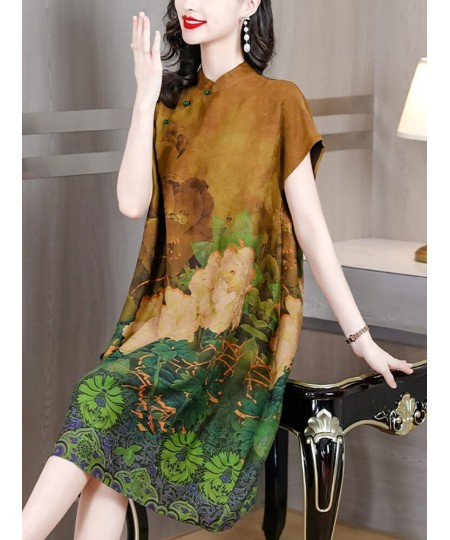 2023 Fashion Floral Silk Short Sleeve Midi Dress Summer Elegant Casual Loose Waist Dress Women Korean Vintage Luxury Party $5...