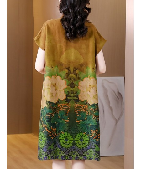 2023 Fashion Floral Silk Short Sleeve Midi Dress Summer Elegant Casual Loose Waist Dress Women Korean Vintage Luxury Party $5...