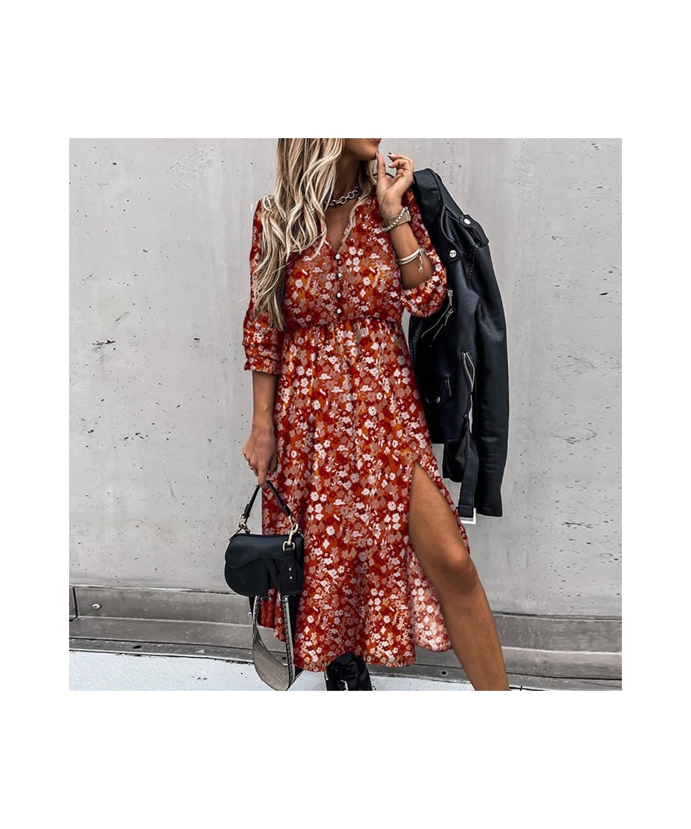 Women Sexy Split Fork Floral Print Dress Summer Ladies V-Neck Elegant Large Size Long Sleeve Dress Office Lady Dresses Vestid...