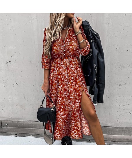 Women Sexy Split Fork Floral Print Dress Summer Ladies V-Neck Elegant Large Size Long Sleeve Dress Office Lady Dresses Vestid...