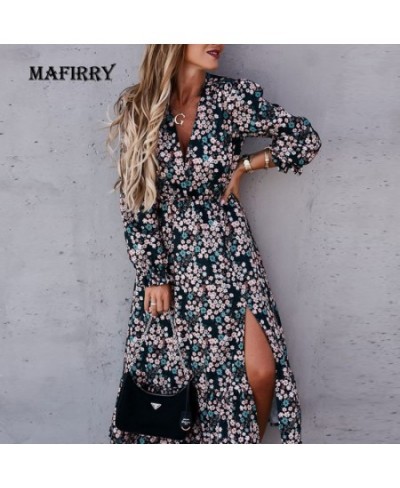 Women Sexy Split Fork Floral Print Dress Summer Ladies V-Neck Elegant Large Size Long Sleeve Dress Office Lady Dresses Vestid...