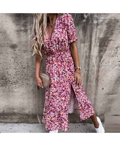 Women Sexy Split Fork Floral Print Dress Summer Ladies V-Neck Elegant Large Size Long Sleeve Dress Office Lady Dresses Vestid...