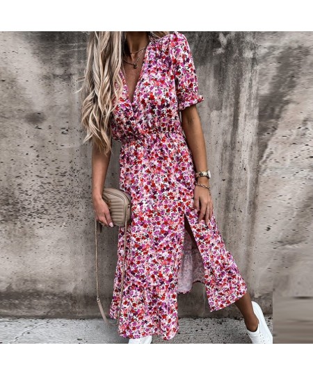 Women Sexy Split Fork Floral Print Dress Summer Ladies V-Neck Elegant Large Size Long Sleeve Dress Office Lady Dresses Vestid...